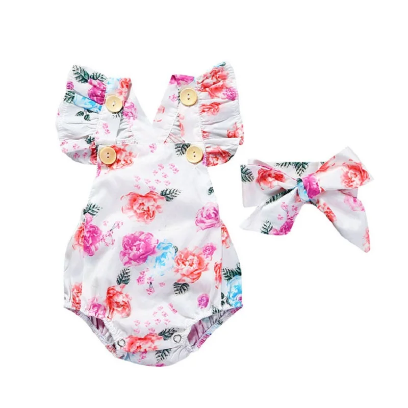 

2019 New Floral Newborn Girls Clothes Summer With Short Sleeve Bebes Jumpsuit + Headband 2 pcs. Set Women's Beach Suit