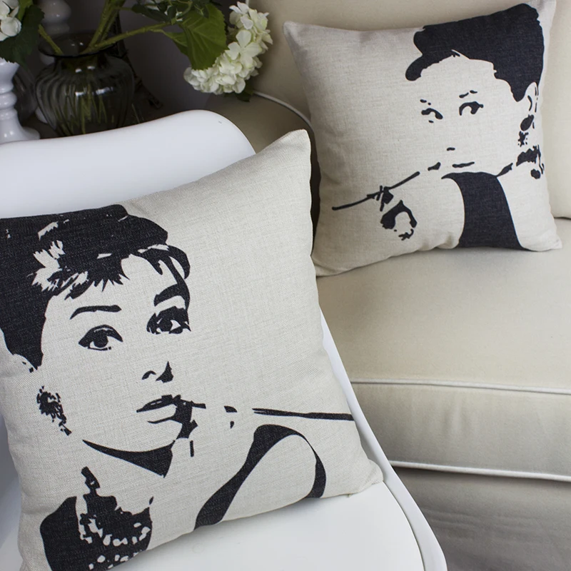 

Vintage Linen Pillow Cushion Cover Throw decorative cushion covers 45cm*45cm Black White Audrey Hepburn Pillow Case