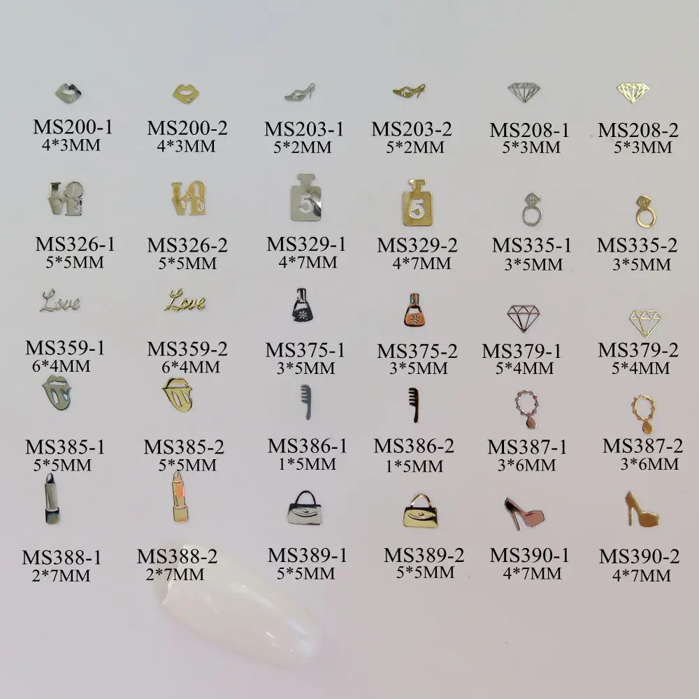 

Mix Pack 100pcs/bag Silver/Gold Lip High-Heel Perfume Diamond Comb Bag non-adhesive Soft Metal Sticker Nail Art Decoration