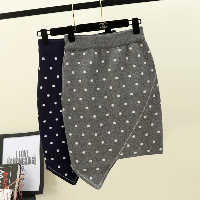 Irregular Dot Printed Knitted Skirt Autumn Winter 2018 New Pencil A-line Hip Pack High Waist Bodycon Faldas Fashion Nova Woman