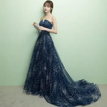 

2019 New Blue Tube Top Trailing Sexy Backless Lace Dress