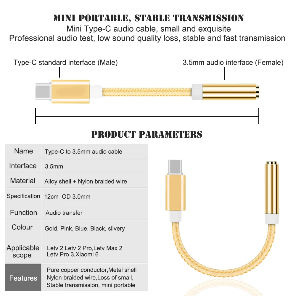 

USB Type C to 3.5mm Earphone Headphone Cable Adapter USB-C to 3.5mm Jack Aux Cable for Letv 2 2pro max2 Pro 3 for Xiaomi 6