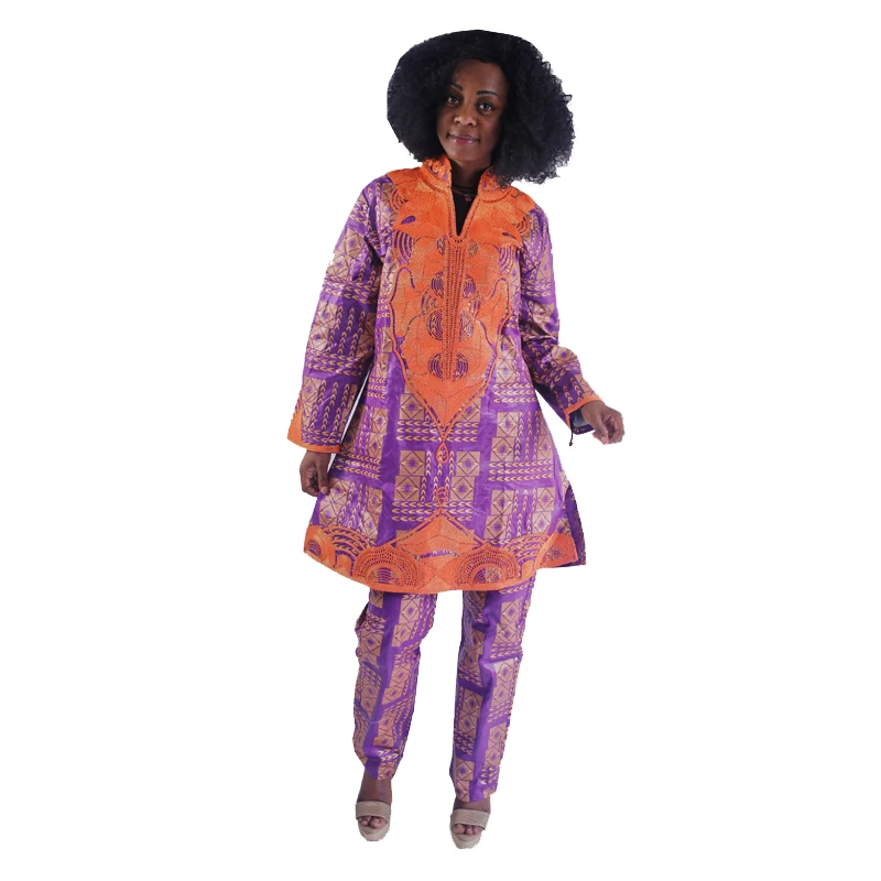 MD африканская одежда для женщин Комплект из 3 предметов Базен riche Африканский топ с Штаны костюм Женская повязка на голову африканские