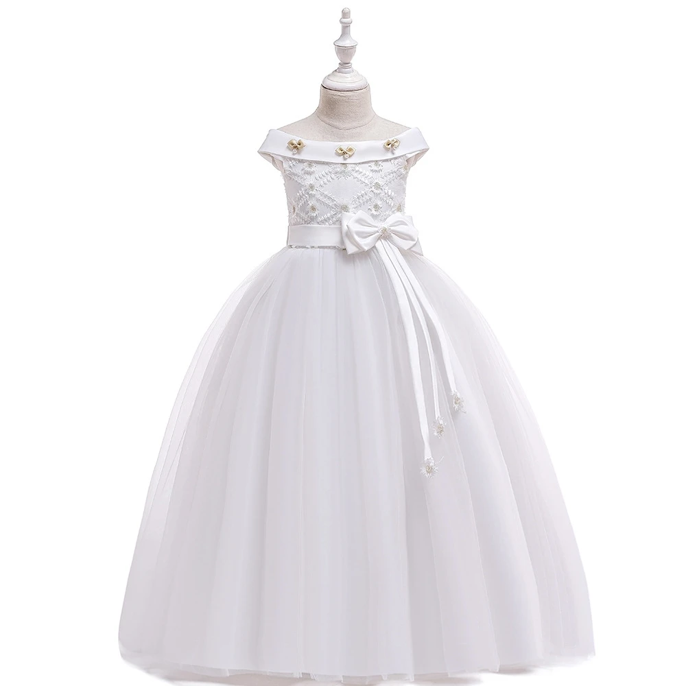 

Girls Princess Party Dress Children Flower Girl Kids Wedding Birthday Piano Performance Stage Bow Off Shoulder Dresses WT654