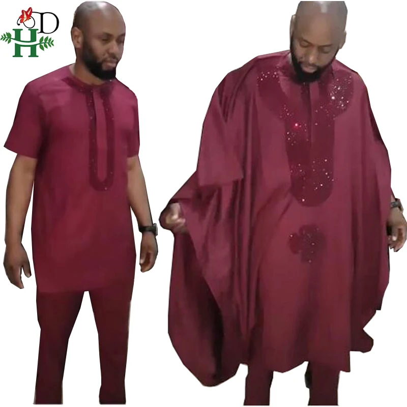 H & D африканская agbada мужская одежда костюмы халат топы брюки комплект из 3 предметов африканская традиционная мужская одежда Дашики со