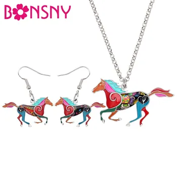 

Bonsny Enamel Alloy Elegant Running Horse Earrings Necklace Pendant Choker Fashion Animal Jewelry Sets For Women Girls Teen Gift