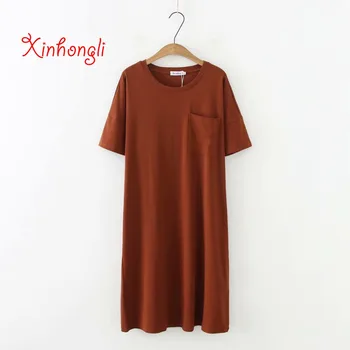 

Plus size Stretch cotton Straight women loose dresses 2019 summer new O-neck pocket Stitching short sleeve soft dress female