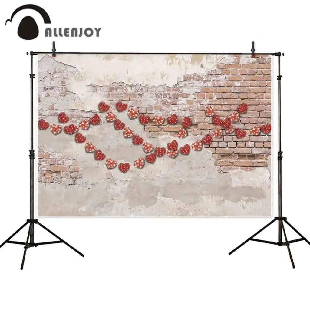 

Allenjoy photography background red heart decor grungy brick wall 14 February Valentine's Day backdrop photocall photo studio