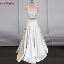 Vestido De formatura красивые горячая Распродажа платьев с длинными серебристого цвета из двух предметов платье для выпускного вечера Для женщин бисера атласное торжественное Вечеринка платье