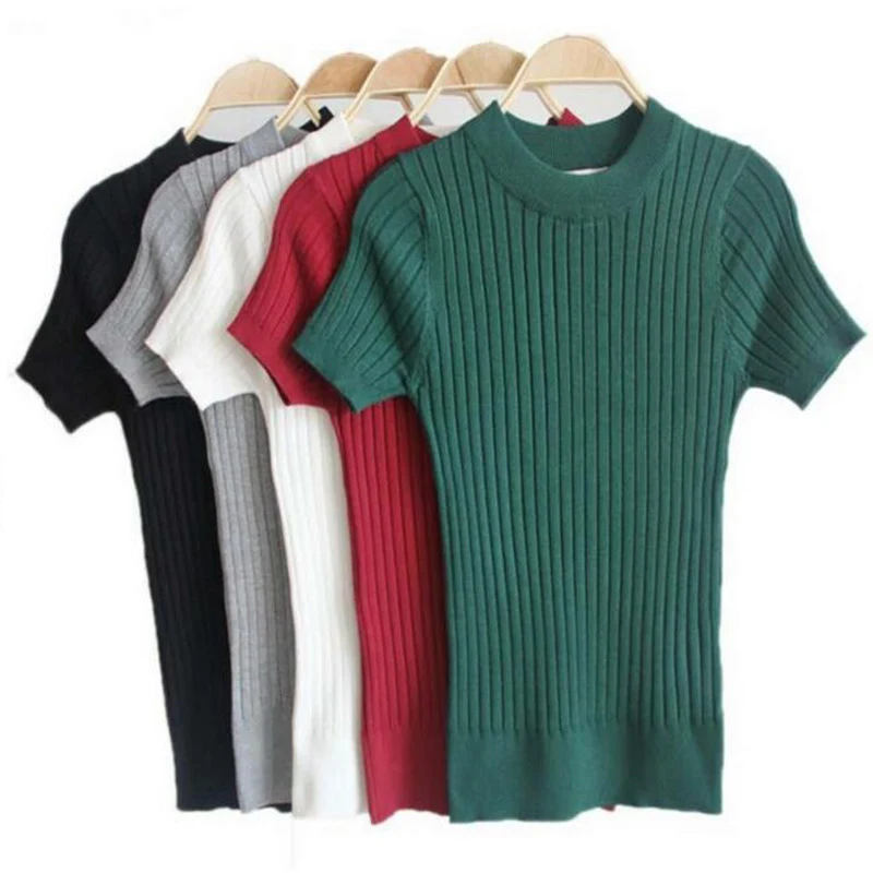 النساء ضئيلة تيشيرت بأكمام قصيرة س الرقبة متماسكة قمم تيز الكورية أزياء لطيف المحملة بلون النساء ضئيلة تيشيرت بأكمام قصيرة س الرقبة متماسكة قمم تيز الكورية أزياء لطيف المحملة بلون