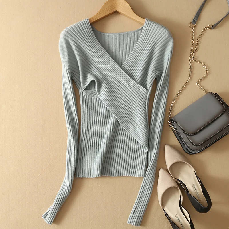 Sexy V neck Cashmere sweater cross knitting sweater Women elegant long sleeve pullover female winter Autumn casual jumper Sweaters