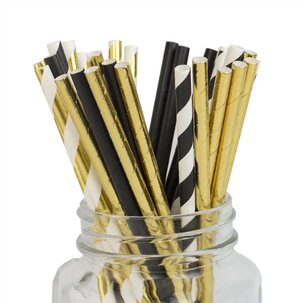 100 шт биоразлагаемые полосатые соломинки золотые и черные бумажные соломинки вечерние свадебные украшения - Цвет: Gold Black Set