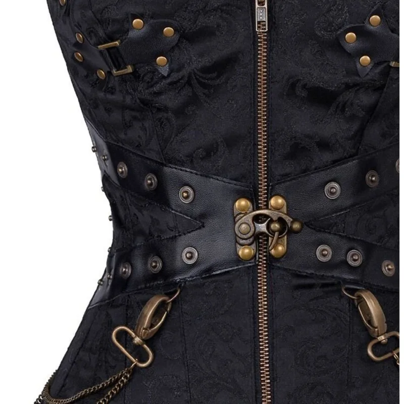 Black Brocade Overbust Espartilho Top Sexy Waist Trainer Steampunk Corselet Gothique Clothing Steel Boned Corsets and Bustiers (4)