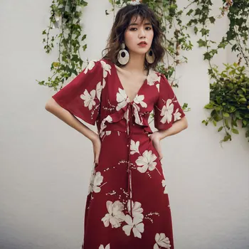 

New Women's Dress Summer 2019 Fashion Vintage Printing V-Neck Short Sleeve Slim A-line Long Dress