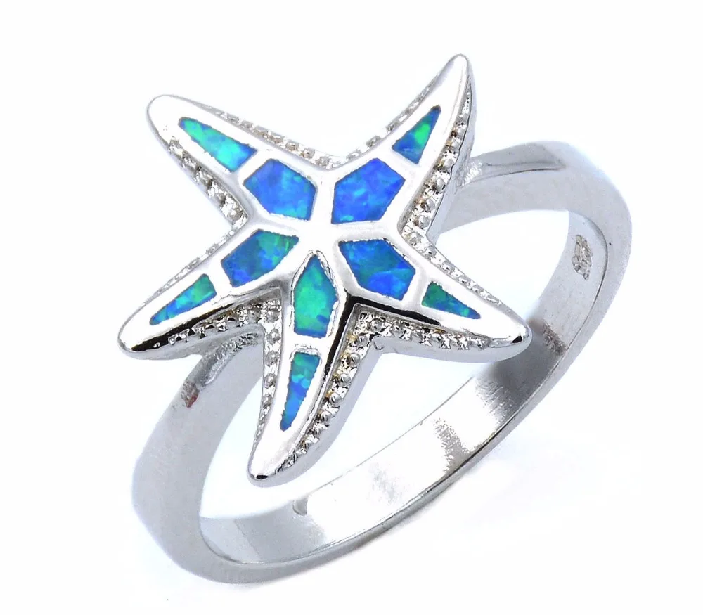 2017 New Arrival Ocean Blue Opal Starfish Ring Beach Themed Summer