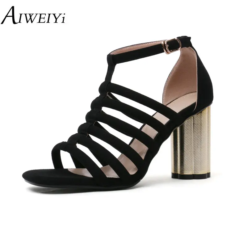 

AIWEIYi Suede Leather Sandals Round Heel High Heels Sandals Brand Designer Platform Shoes Ladies Beach Shoes Chaussures Femme