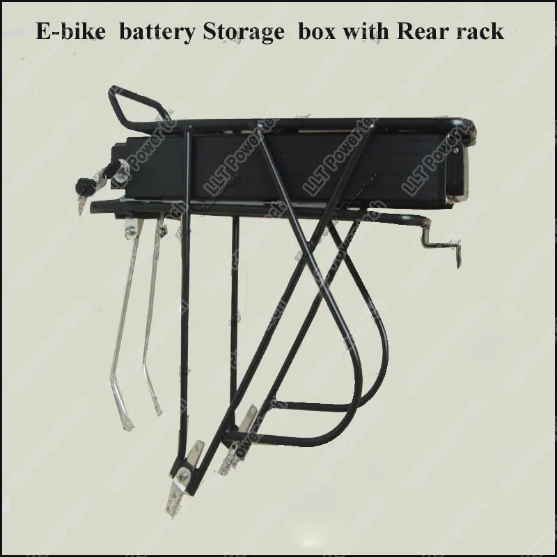 Black rear rack type electric bike battery storage box and bicycle