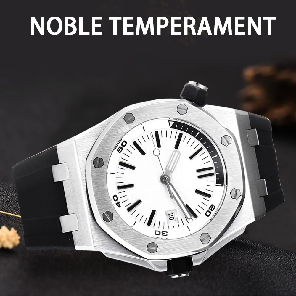 

automatic fashion watch 42mm rubber strap luminous hands white position dial luxury watch steel case automatic movement 45