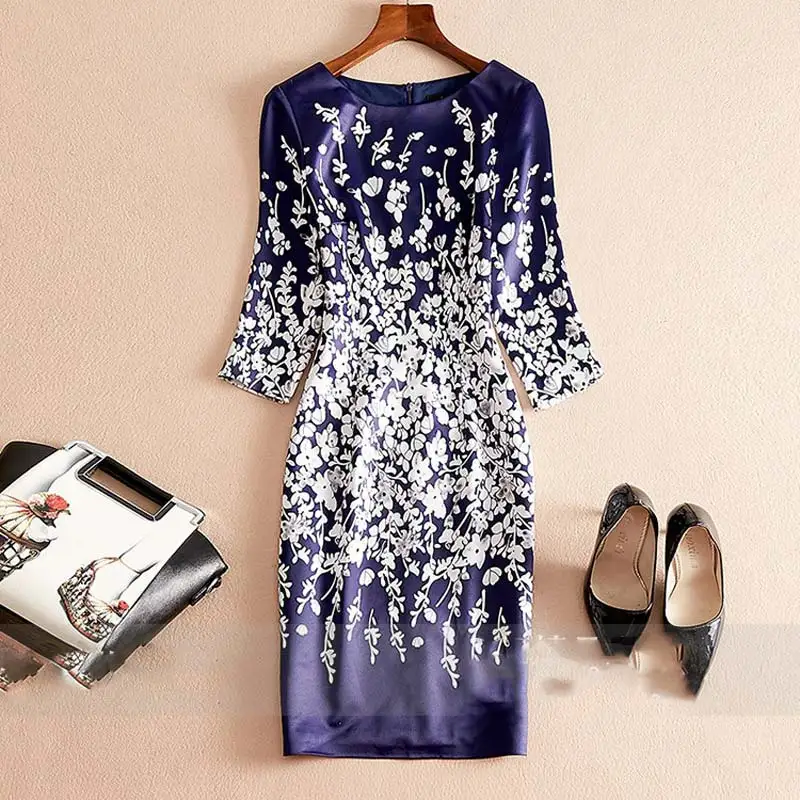 Элегантные модные женские платья с круглым вырезом и рукавом три четверти, облегающие короткие платья-карандаш, Вечерние Повседневные платья с цветочным принтом Z1447 - Цвет: Blue