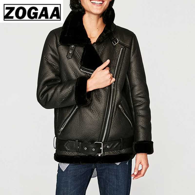 

European American Autumn and Winter Lady Warm Leather Jacket Black Thickening Imitation Fur In Long Motorcycle Coat ZOGGA
