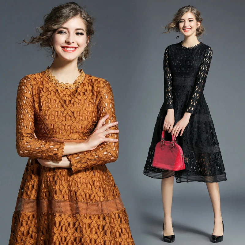 Women's Clothing Europe Style 2018 New Spring Autumn Fashion Hollow Out Lace Embroidery Dress