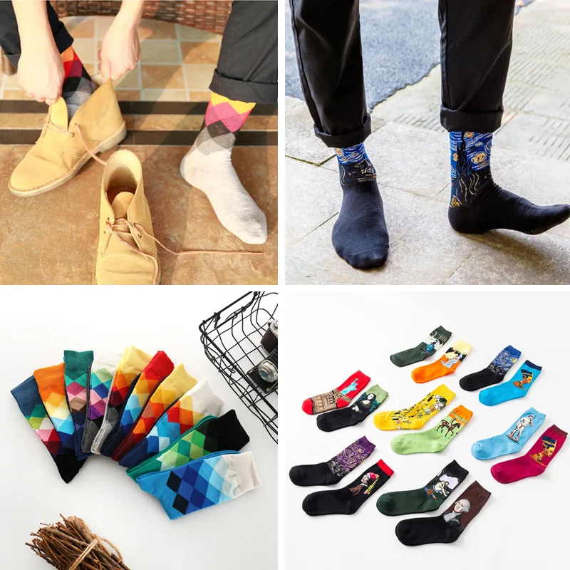 

Men's Casual Cotton Tube Colorful Socks New style Retro Painting Literary Abstract Oil painting Winter Mona Lisa starry