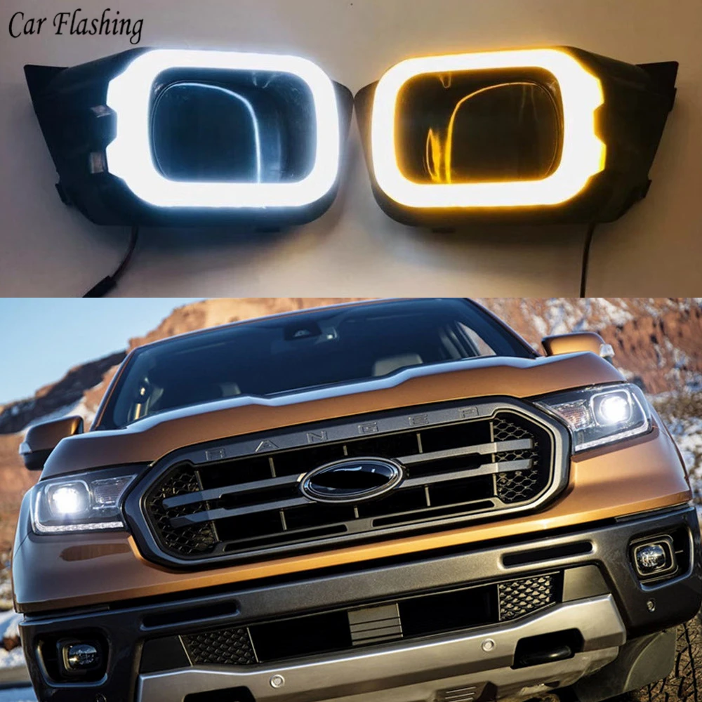 

Carflshing 1Pair 12V LED Car DRL Daytime Running Light fog lamp driving light with Turning Yellow Signal For Ford Ranger 2019
