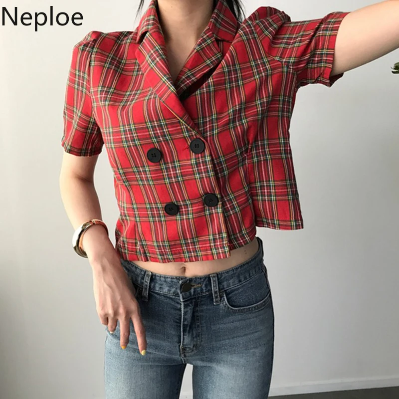 

Neploe Vintage Plaid Women Blouses Short Sleeve Notched Shirt 2019 Summer Double Breasted Blusas Femme Shirts 52488