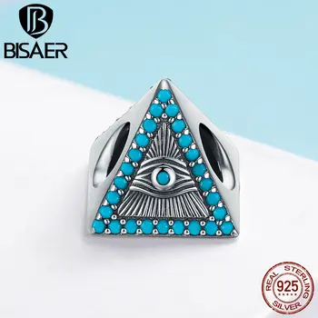 

BISAER 925 Sterling Silver Lucky Magic Eye Charms Triangle Blue Eye Beads fit for Bracelets Sterling Silver Jewelry ECC1093