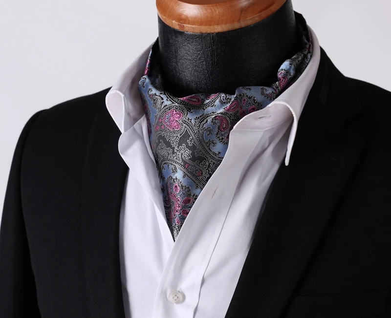  RF201B Blue Pink Paisley Silk Cravat Woven Ascot Hanky Handkerchief Set