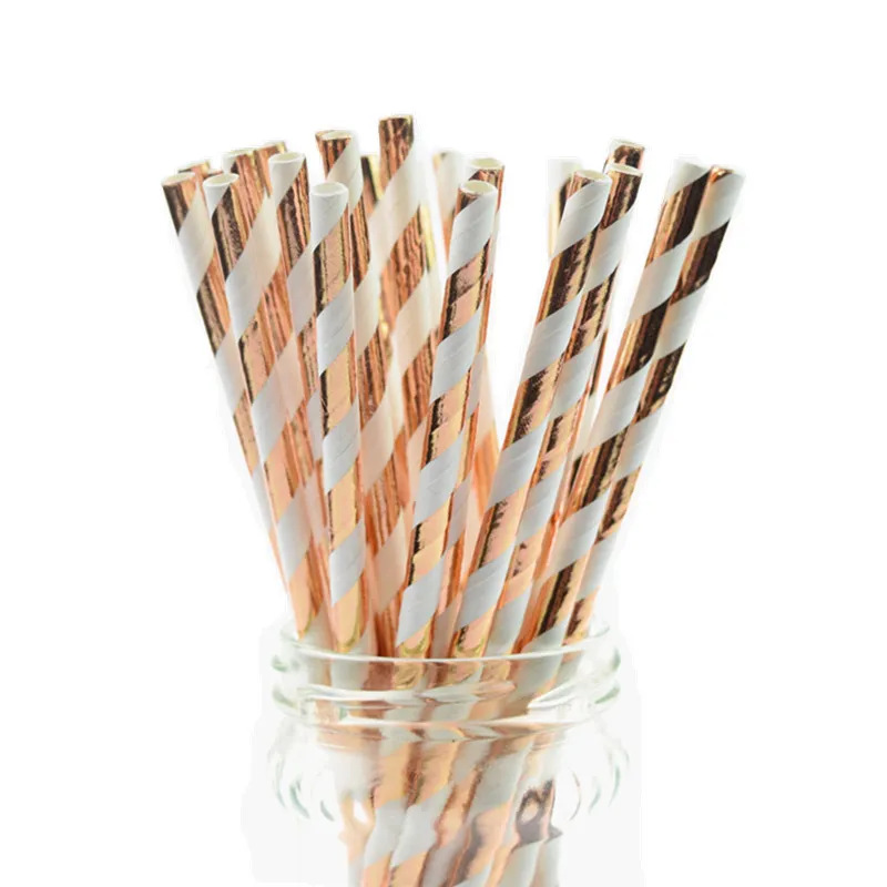 25pcs/lot New Foil Striped Rose Gold Paper Straws Kids Birthday Party Wedding Decoration Bridal Shower Drinking Paper Straws DIY