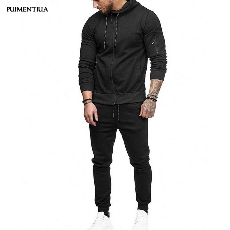 

Puimentiua 2019 Men's Hoodie Long Sleeves Suits Solid Slim Fit Zip-up Outdoor Tracksuit Sets (Pants+Tops) Two Pieces Males