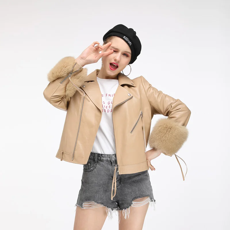 Maylofuer Fashion Women Genuine Leather Jackets Zipper Basic Coat Turn-down Collar Biker Jacket with Fox Fur Sleeves