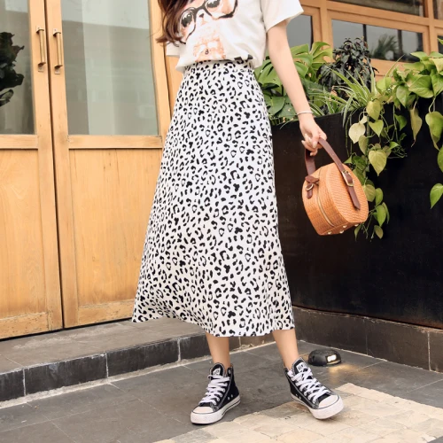 Повседневная Уличная леопардовая юбка женская летняя корейская модная шифоновая юбка трапециевидной формы с высокой талией черная белая saias longas B194