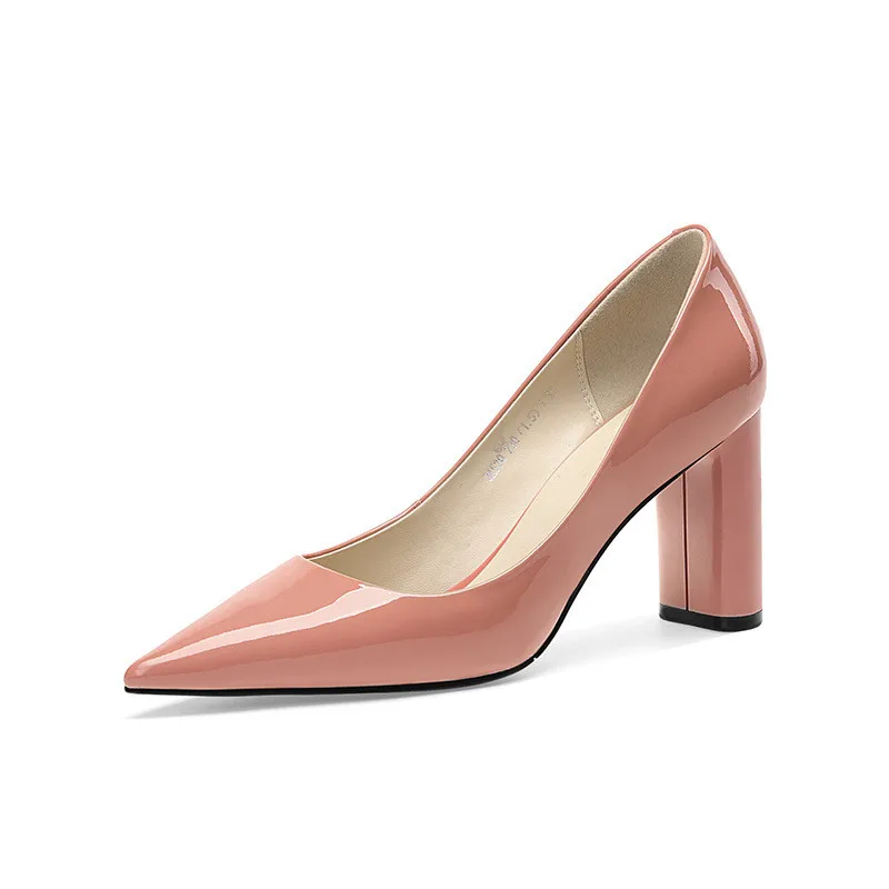 

2019 spring and autumn new pointed shallow mouth single thick with high heel women's shoes pink 0406