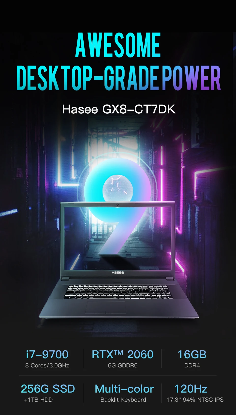 Ноутбук hasee GX8-CT7DK для игр(Intel Core I7-9700+ RTX 2060/16GB ram/256G SSD+ 1T HDD/17,3 ''120Hz 94% NTSC) GOD OF WAR