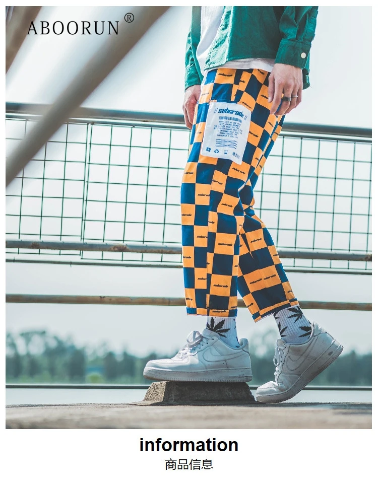 

ABOORUN Men's Trousers 100% Cotton Plaid Printed Patchwork Loose Beam Foot Pants Hip Hop Tide Brand Tooling Pants for Male x2516