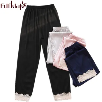 

Fdfklak Spring Summer Faux Silk Pajama Pants Lace Sleep Bottoms Pyjama Trousers Women Black/Navy Lounge Pants Sleepwear Q1110