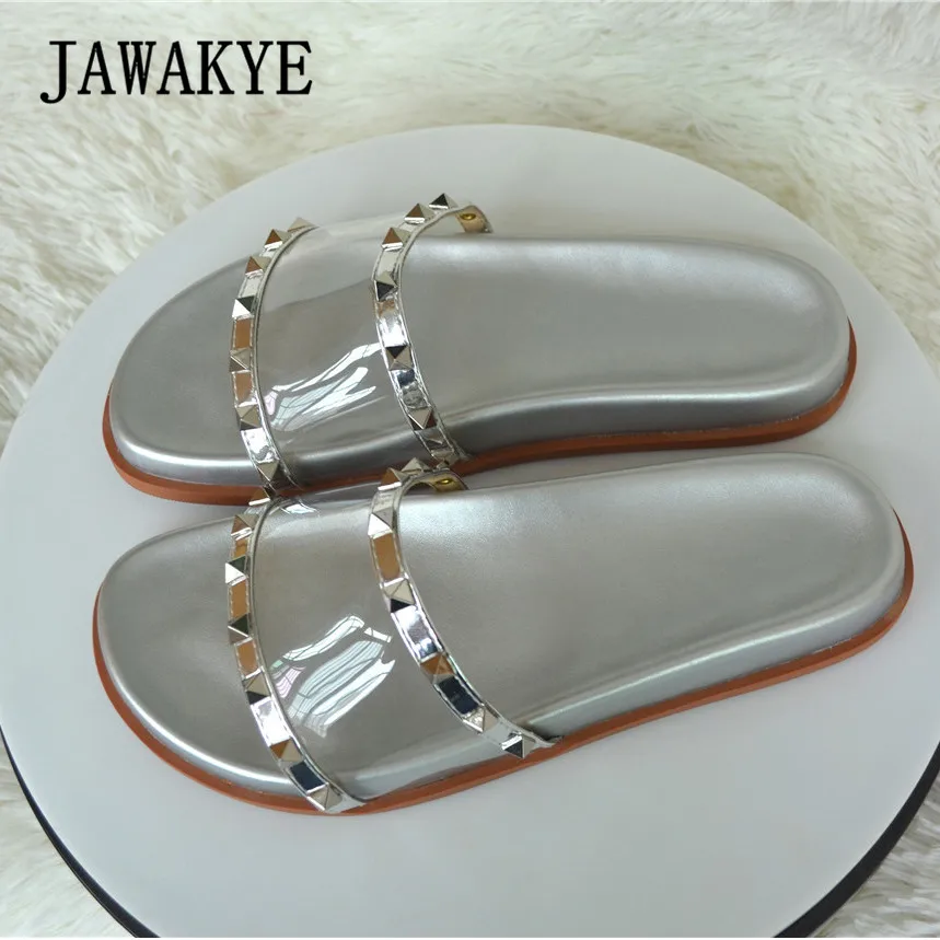 

JAWAKYE Women slippers Summer Flat Sandals Silver Rivets Studded Slip on Beach Flip Flops Slides PVC Clear Moonwalk Woman Shoes