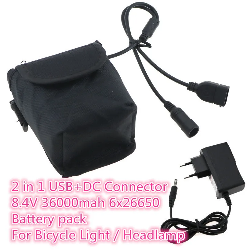 

2 in 1 DC+USB Connectors 8.4V 36000mAh 6x 26650 Rechargeable Battery Pack for Led Bike bicycle Lights Lamp With Battery Charger