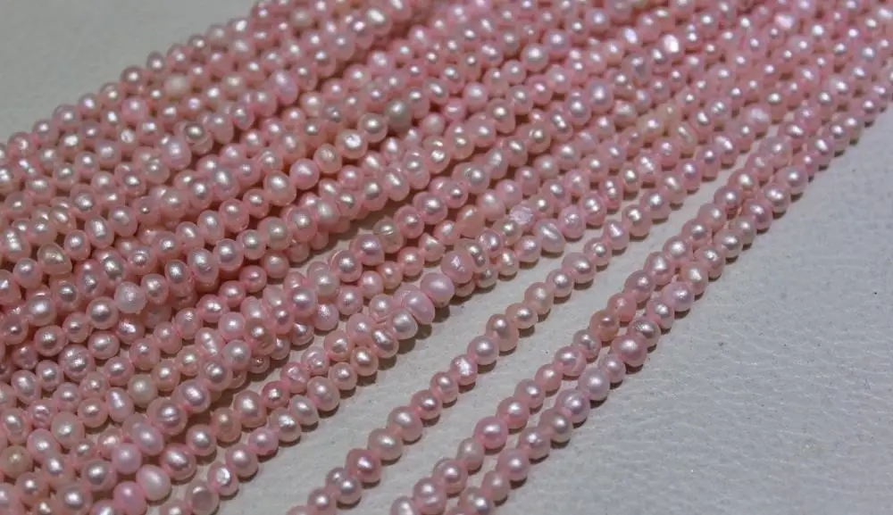 

Pink nearround Fresh water pearl chain necklace 4mm 14-15 No Metal"Handmade