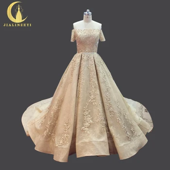 

JIALINZEYI Real Sample Boat Neck Gold Short Sleeves Lace Crystal A-line Elegent Dress for Party Formal Dresses Evening Dresses