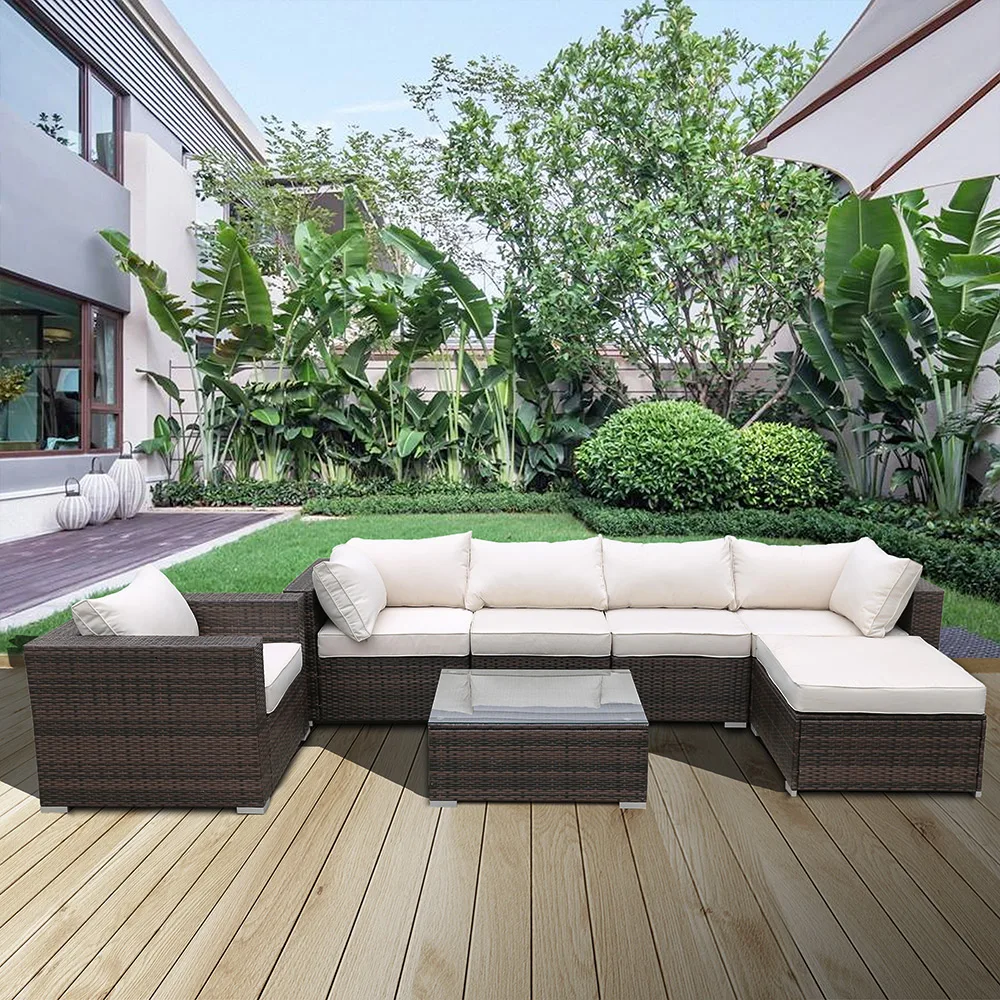 

7 Piece Outdoor Patio PE Rattan Wicker Sofa, Large Sectional Conversation Couch Furniture Set with Coffee Table for Garden Pool