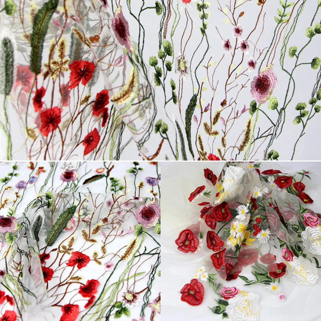 JX-LCLYL 135cm*100cm White Floral Flower Embroidery Mesh Wedding Bridal Dress Lace Fabric
