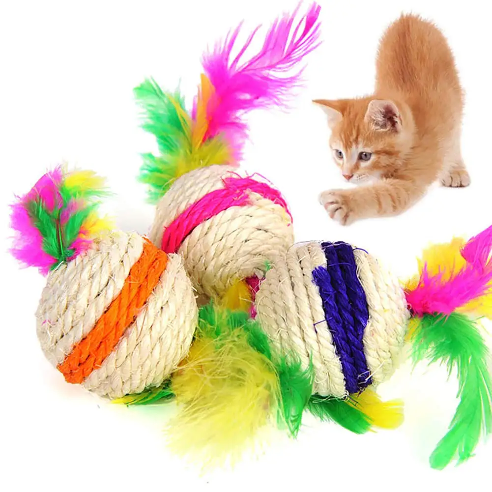 

Pet Cat Kitten Toy Rolling Sisal Scratching ball Funny Cat Kitten Play Dolls Tumbler Ball Pet Cat Toys Feather Toy D30