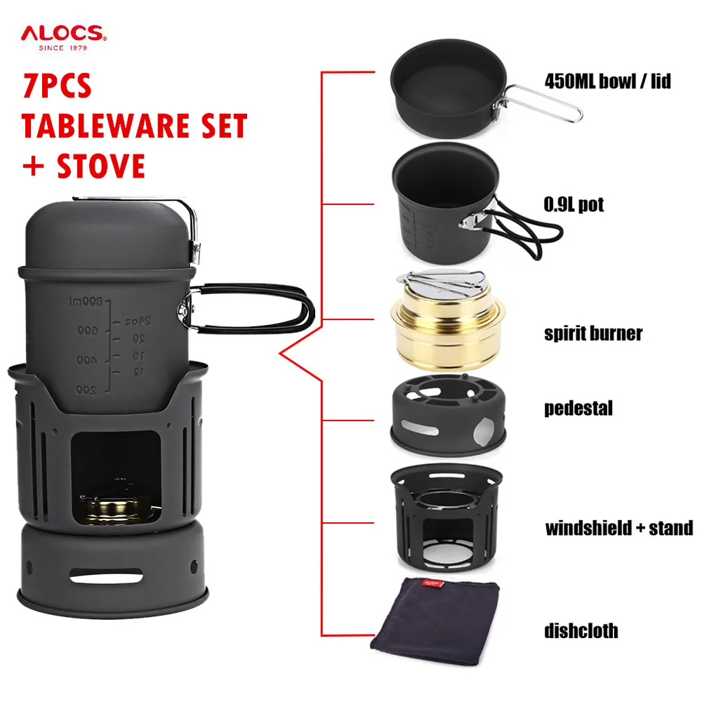 

Portable 7pcs/set Camping Alcohol Stove Pot + Bowl + Windshield Stove Tableware Set for Outdoor Picnic Cooking Fishing Stove