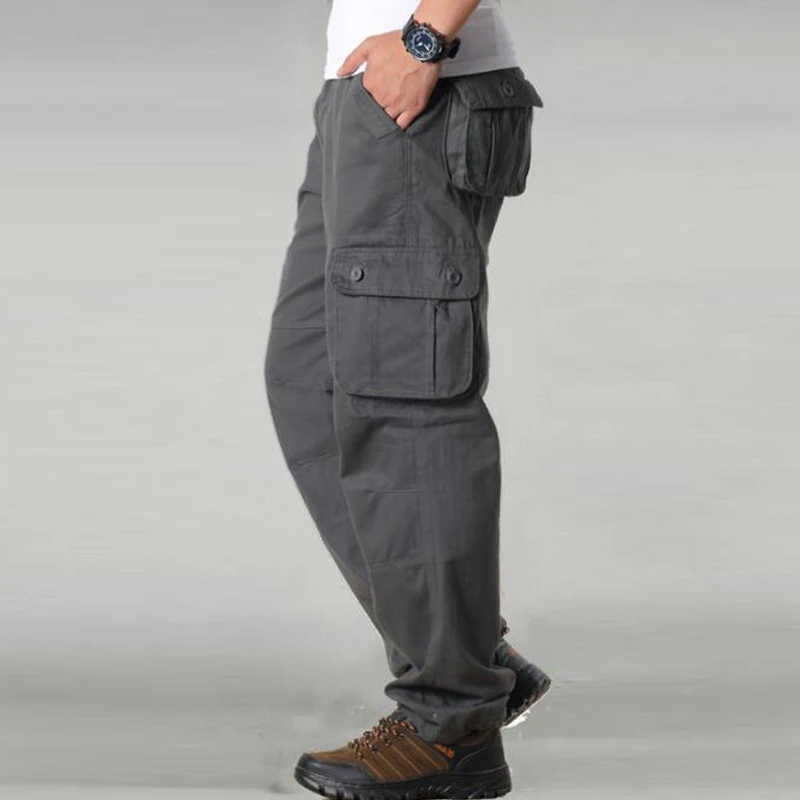 Мужские брюки карго, мужские повседневные военные брюки с несколькими карманами, большие размеры 44, тактические брюки, мужская верхняя одежда, армейские прямые брюки, длинные брюки - Цвет: Темно-серый