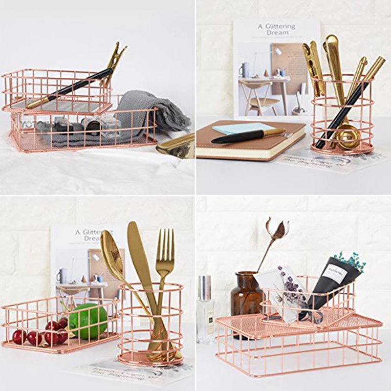 النحاس سلة التخزين منظم أدوات التجميل روز مكياج ذهبي Brushe حامل الأسلاك المعدنية أدوات الزينة جمع سلة الحمام Shelves44