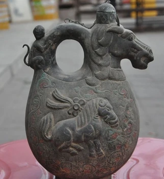 

China Old Tibet Silver Lucky Success Monkey Horse Rice wine Pot Flagon Hip flask