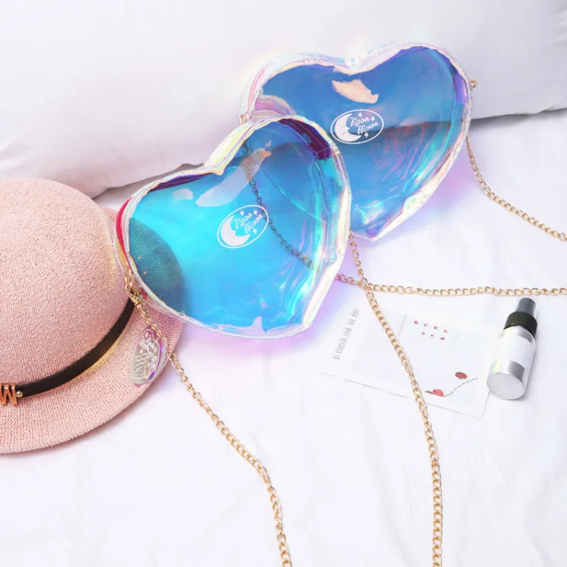 

New Fashion Laser Love Transparent Shoulder Bag Cute Casual Lady Crossbody Bag Ladies Cosmetic Bag Cute Soft Sister Chain Bag